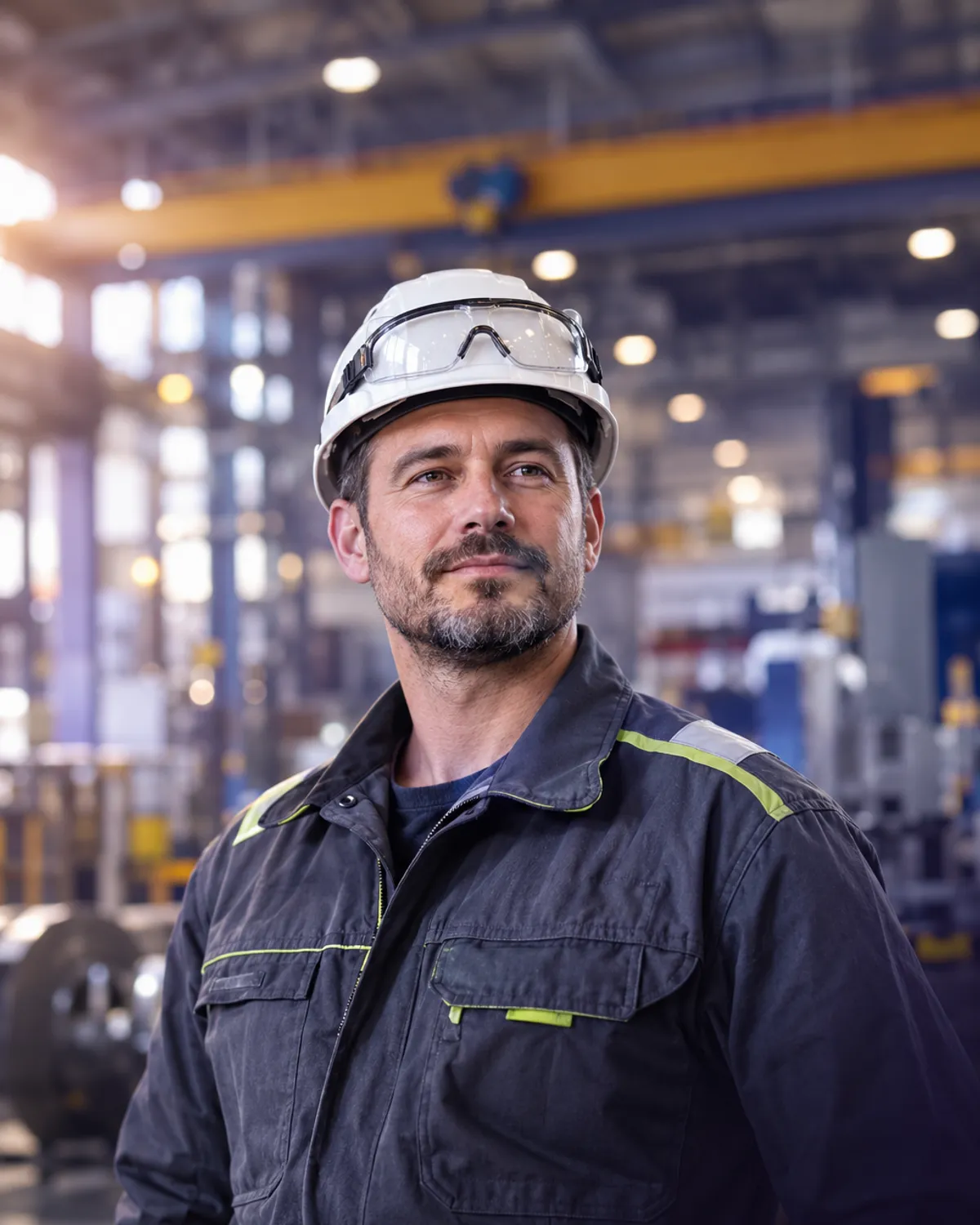 Fachkraft mit Schutzhelm in einer Industriehalle